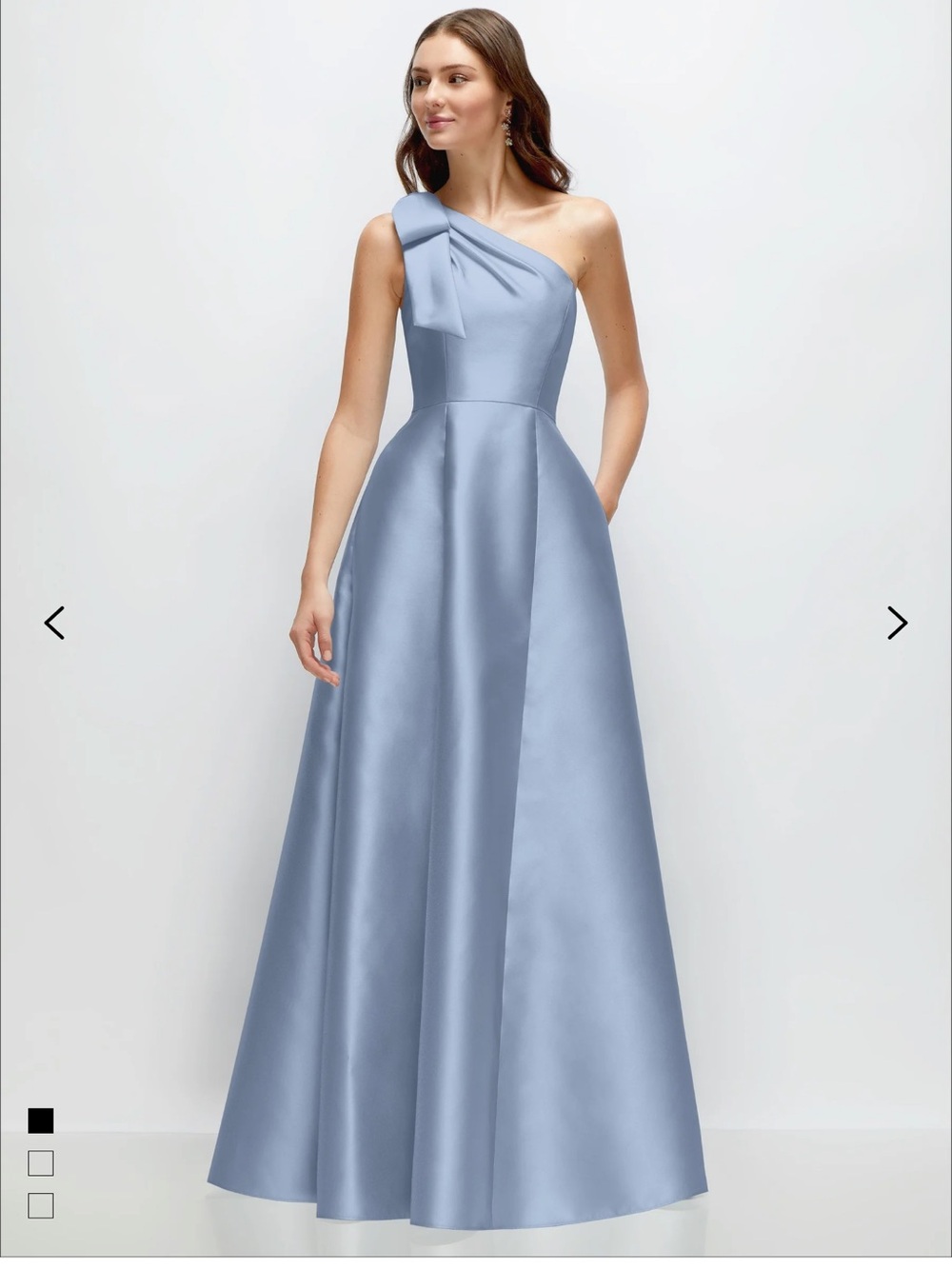Alfred Sung · Savanna · Style D875
Bow One-Shoulder Full A-Line Satin Maxi Dres
